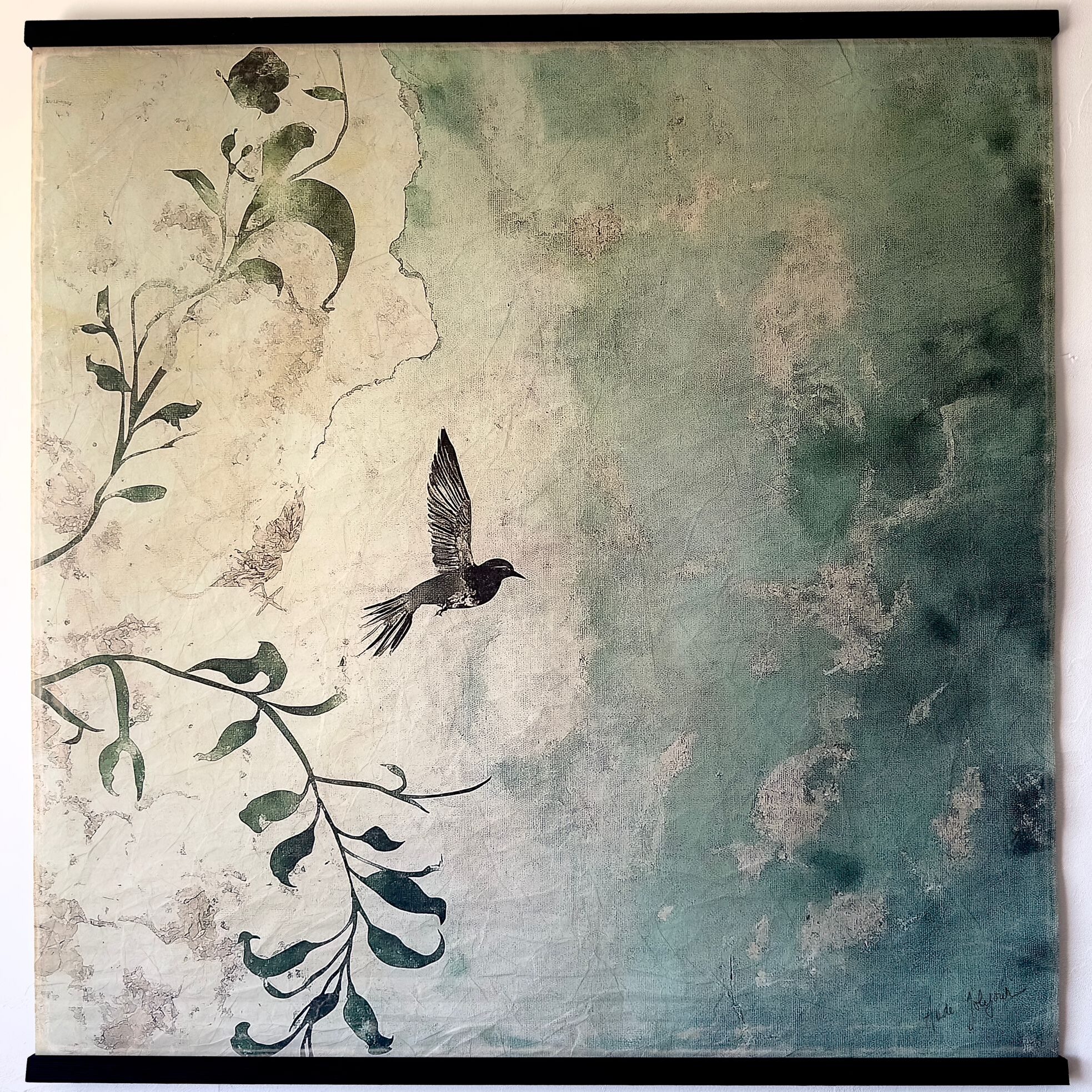 Toile à suspendre, imprimée sur papier froissé et plissé à la main