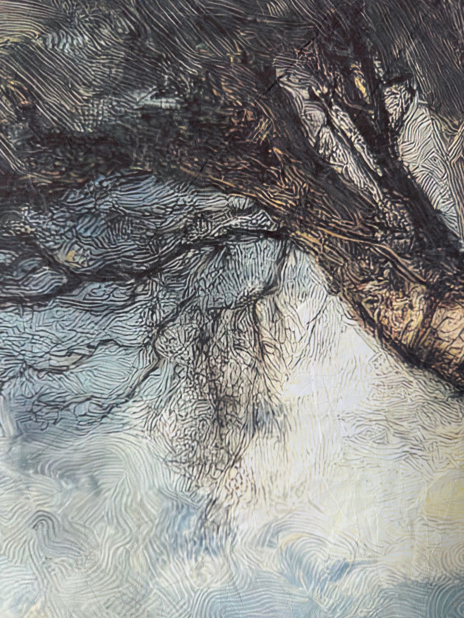 Toile à suspendre, imprimée sur papier froissé et plissé à la main